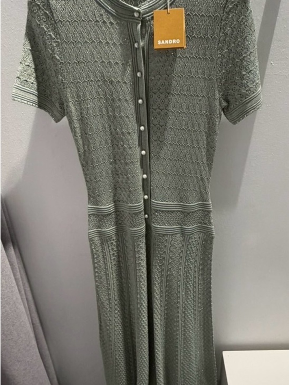 Sandro almond-green textured knit midi dress with pearl buttons
